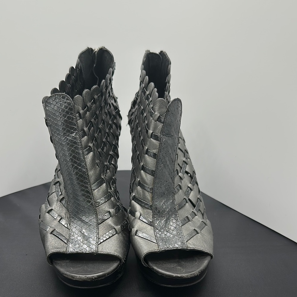 Calvin Klein-Silver Woven Peep-Toe Ankle Heels